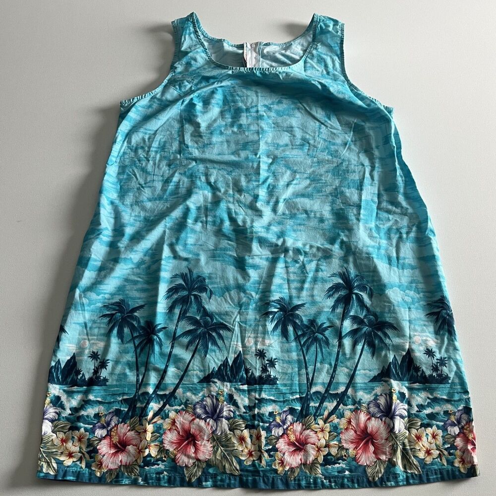 Vintage M D Fashion Made In Hawai Blue Tropical Sheath Dress 100% Cotton XL
